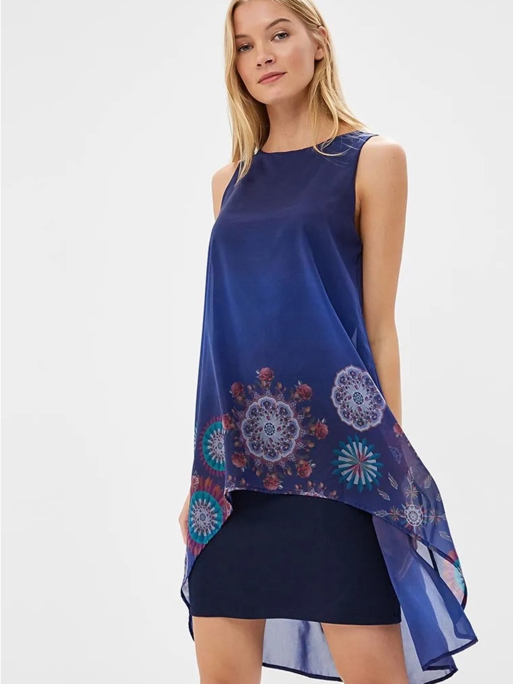 Whimsigoth Desigual Boho Chic Layered High-Low Mandala Mini Dress Crew Neck 38